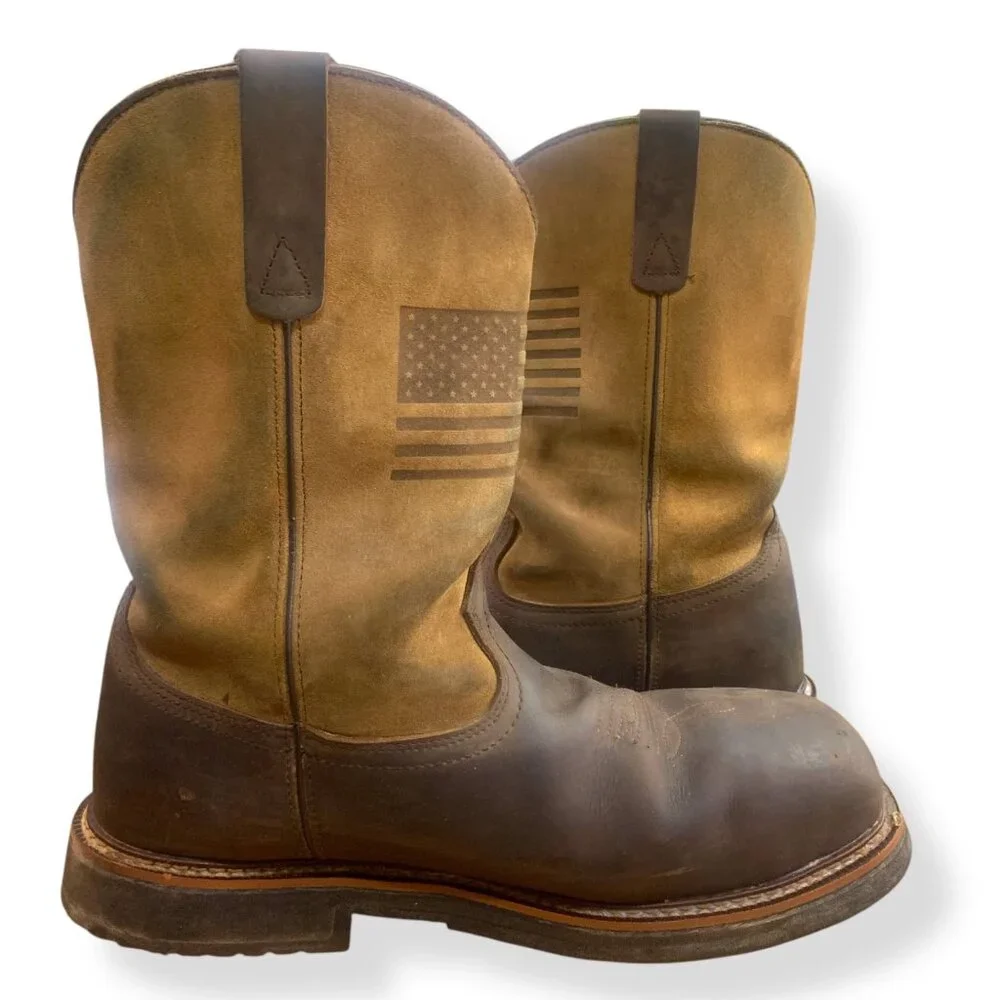 Mens Waterproof Brown Leather Steel Toe Work Boots American Flag Design Size 13D